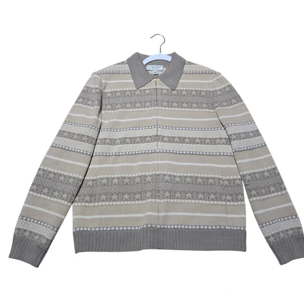 St John Sport Marie Gray Wool Blend Zip Up Sweater Fair Isle Star Beige Tan P